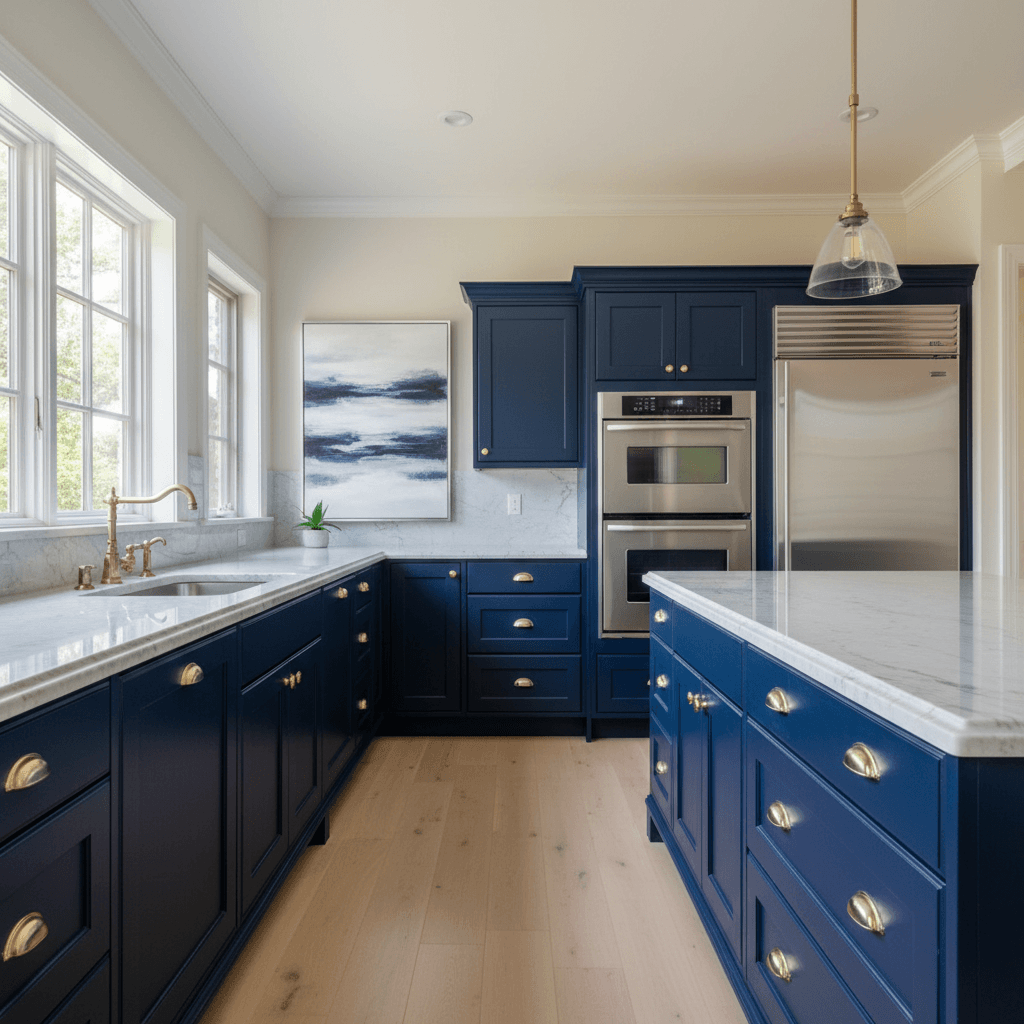 Luxurious kitchen with flawlessly refinished navy blue cabinets and elegant hardware.