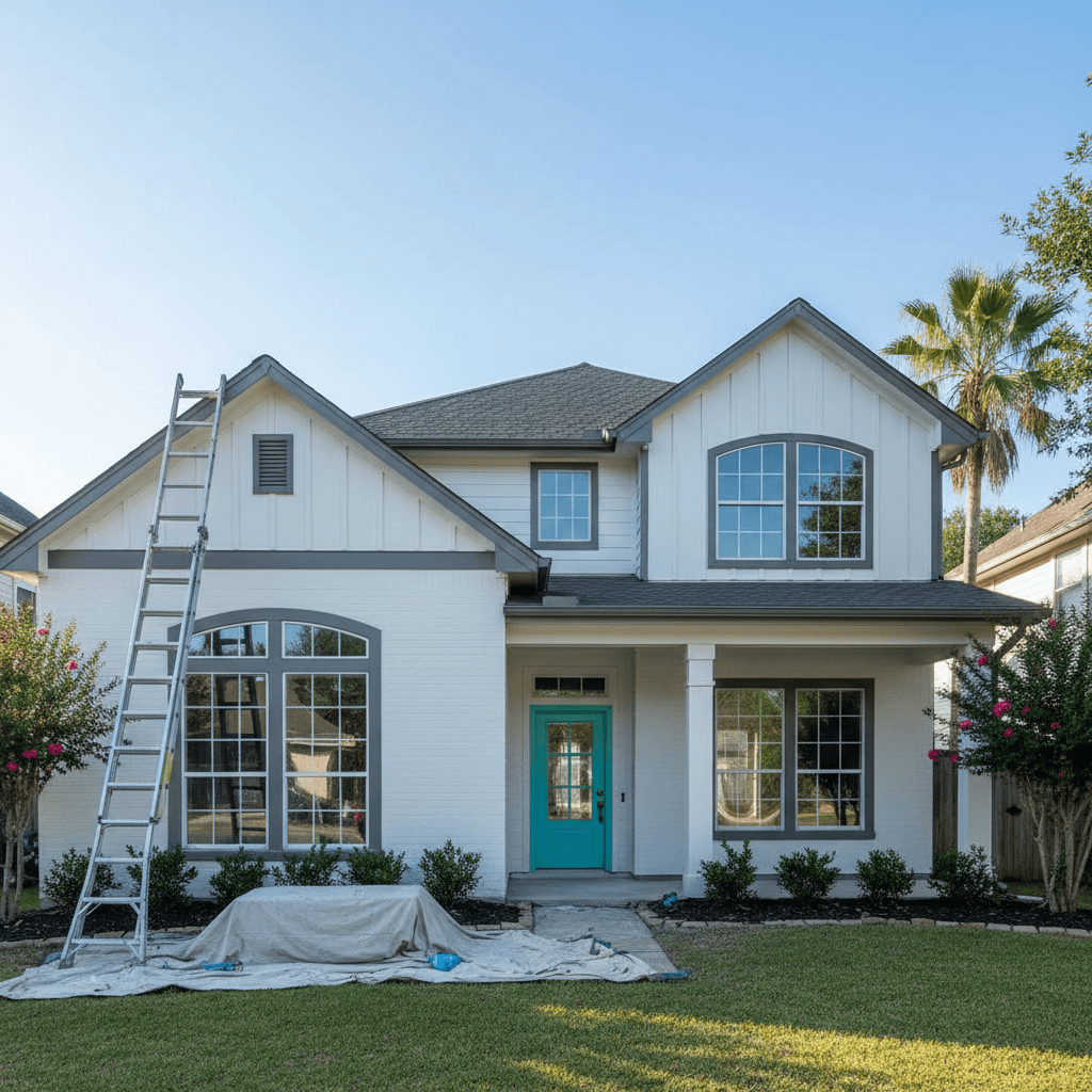Exterior home painting project showing complete facade transformation