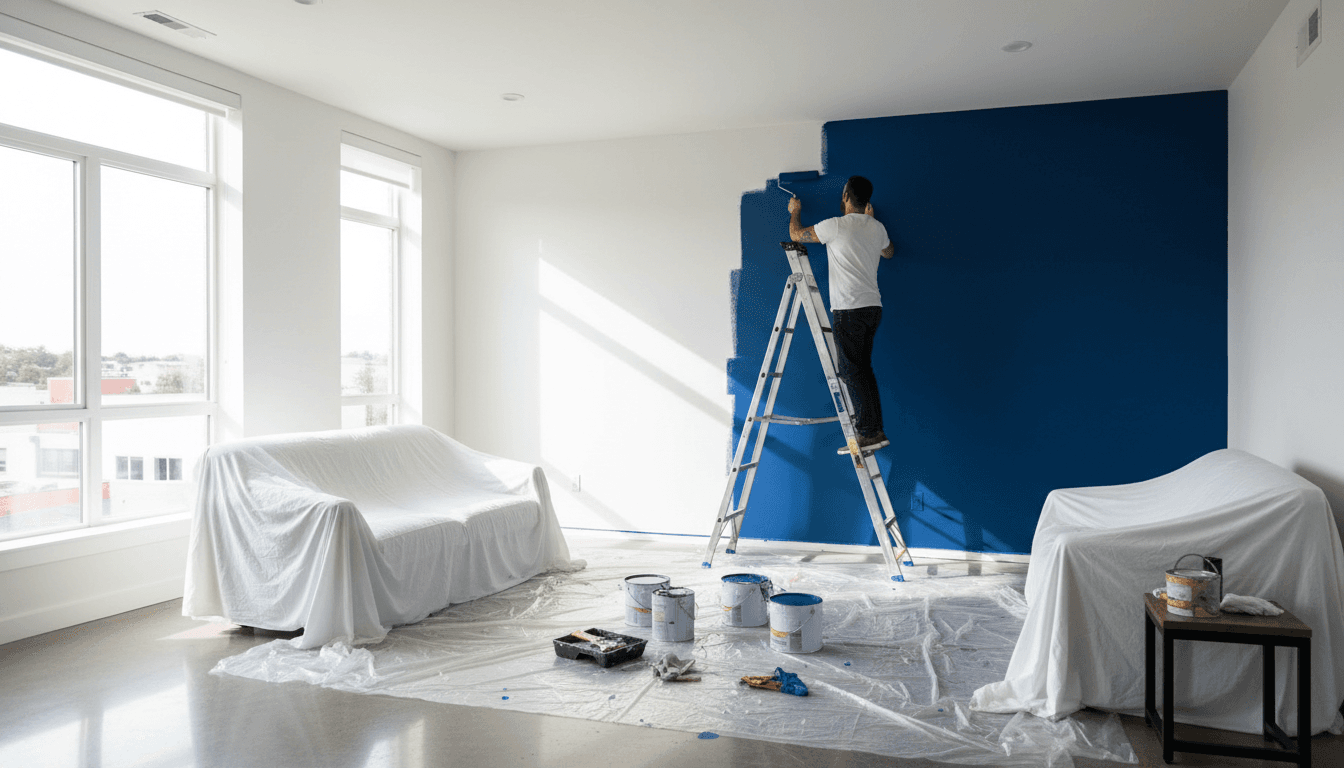 Professional painter on ladder applying deep jewel-tone paint to interior accent wall in bright, modern residential room with natural light.