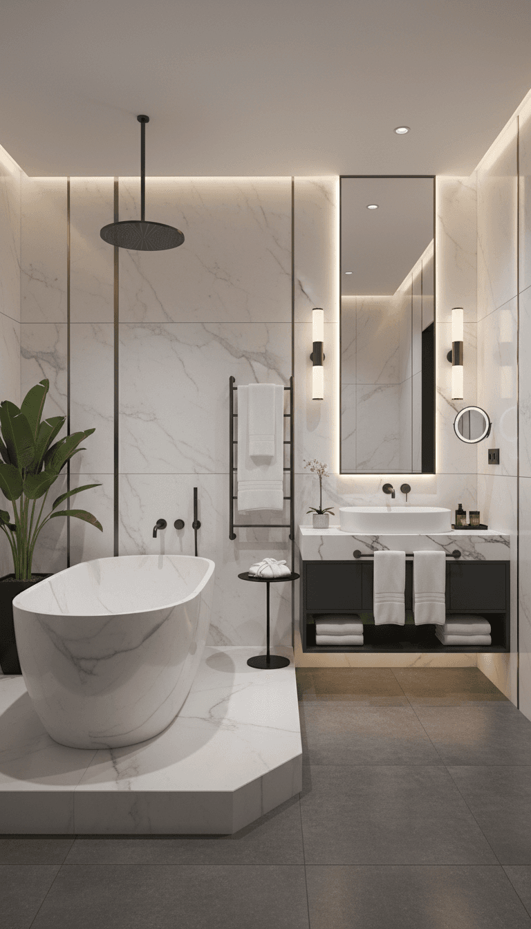 Luxury hotel bathroom with freestanding tub, rainfall shower, marble vanity, and spa-like ambiance with premium fixtures