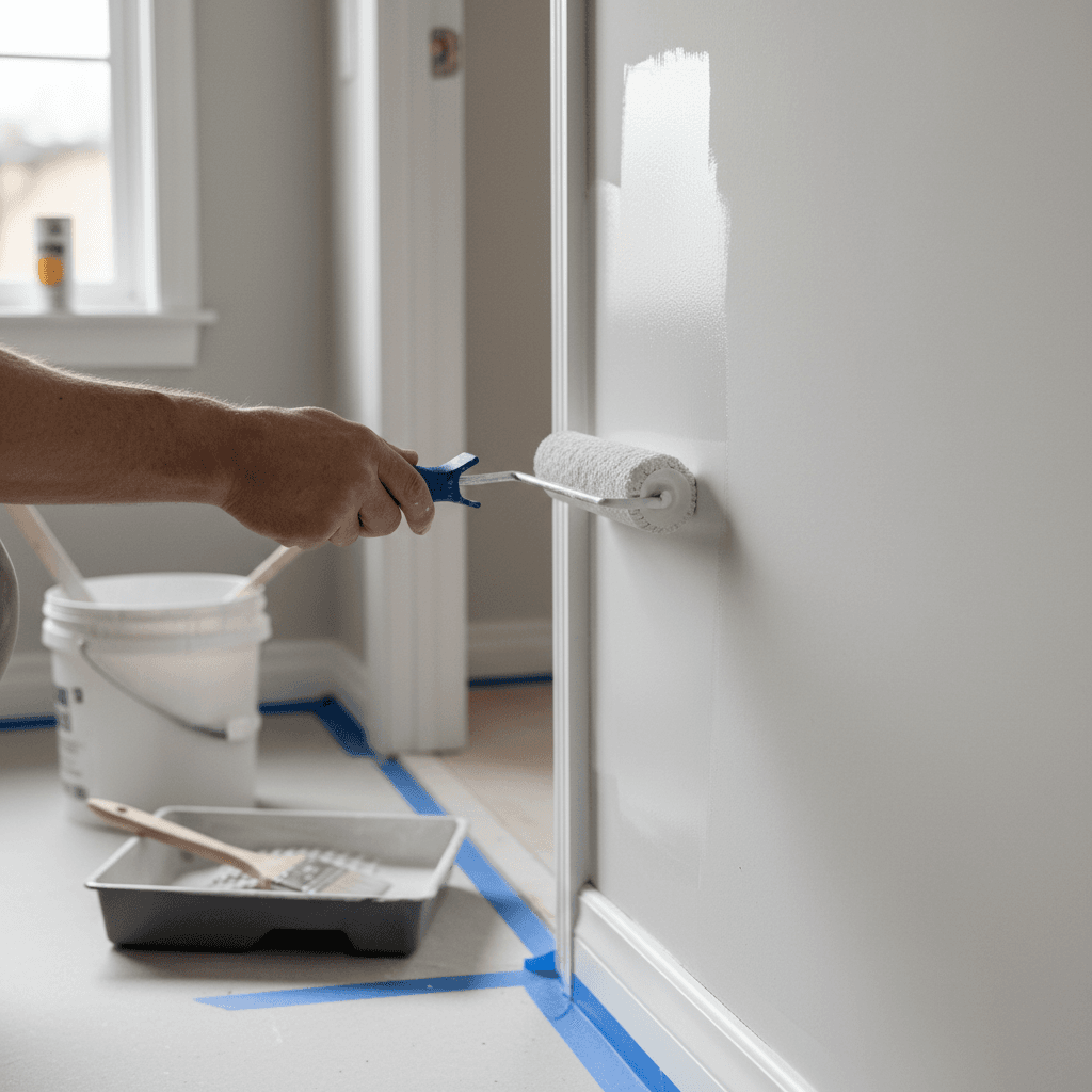 Painter's hands applying smooth paint finish to freshly primed drywall with professional roller and careful edge technique