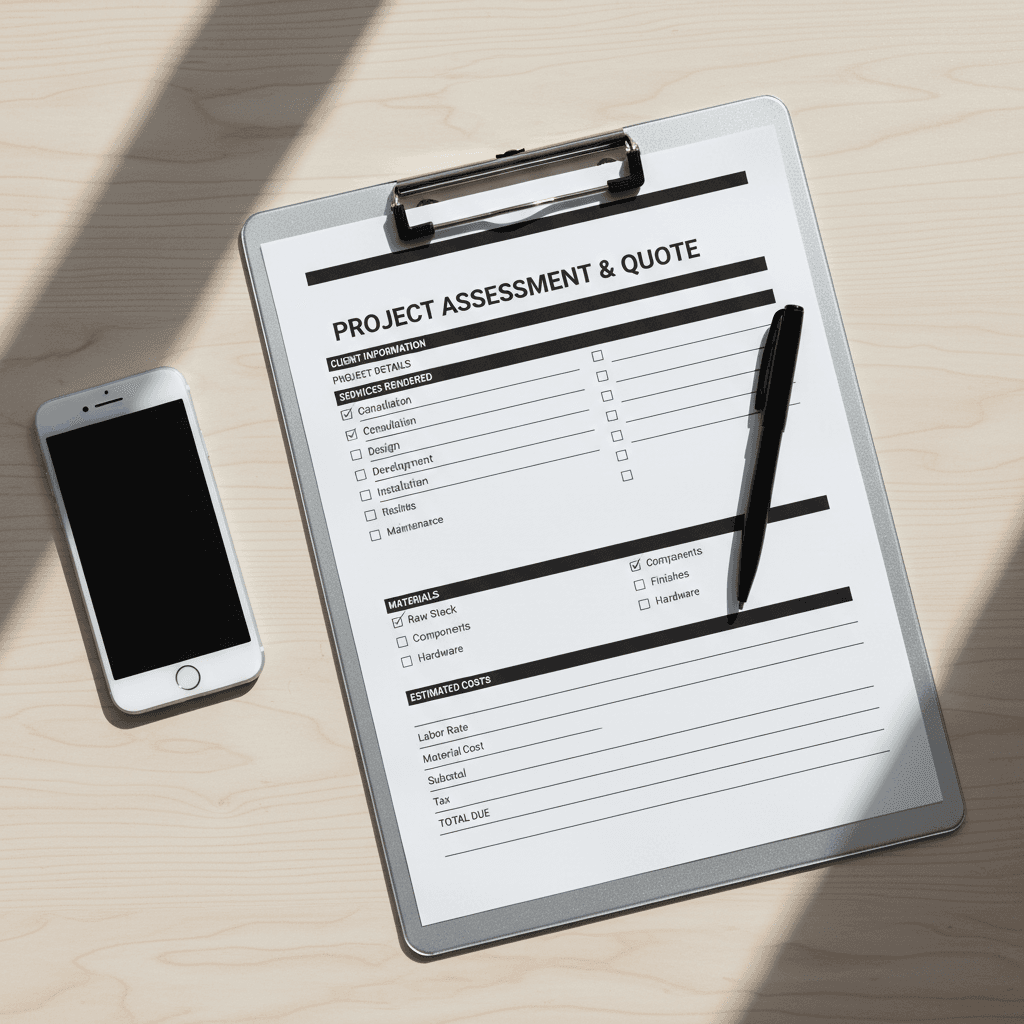 Overhead view of completed estimate form on clipboard with pen and mobile phone on wooden desk surface