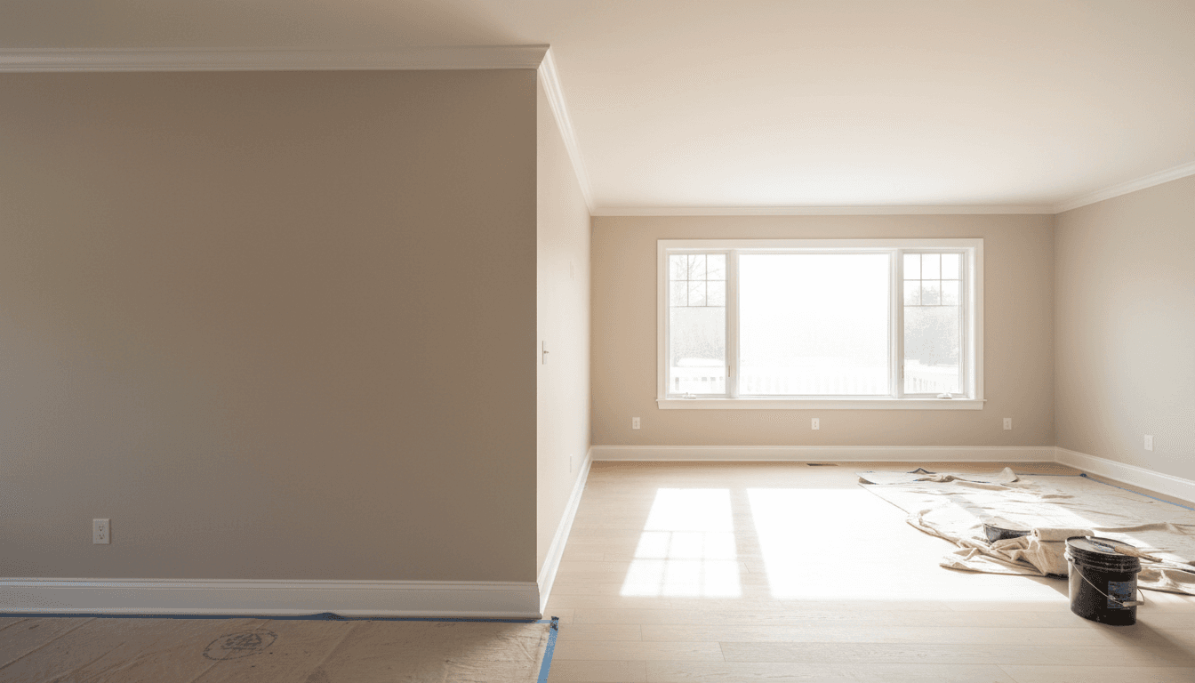 Freshly painted residential living room with soft neutral tones, clean lines, and professional finish quality