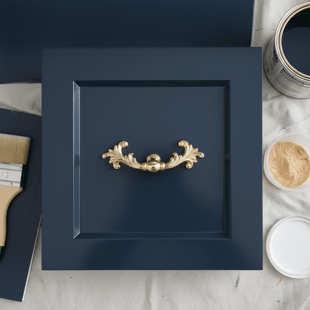 Ornate cabinet door with freshly refinished navy blue painted surface and decorative hardware detail