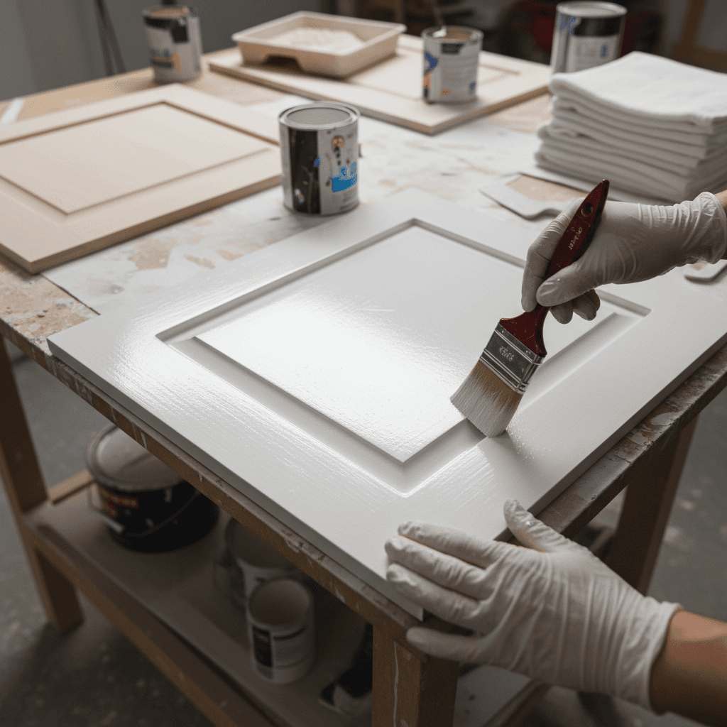 Painter's hands expertly applying paint to wooden cabinet door with precise brush technique and professional finish