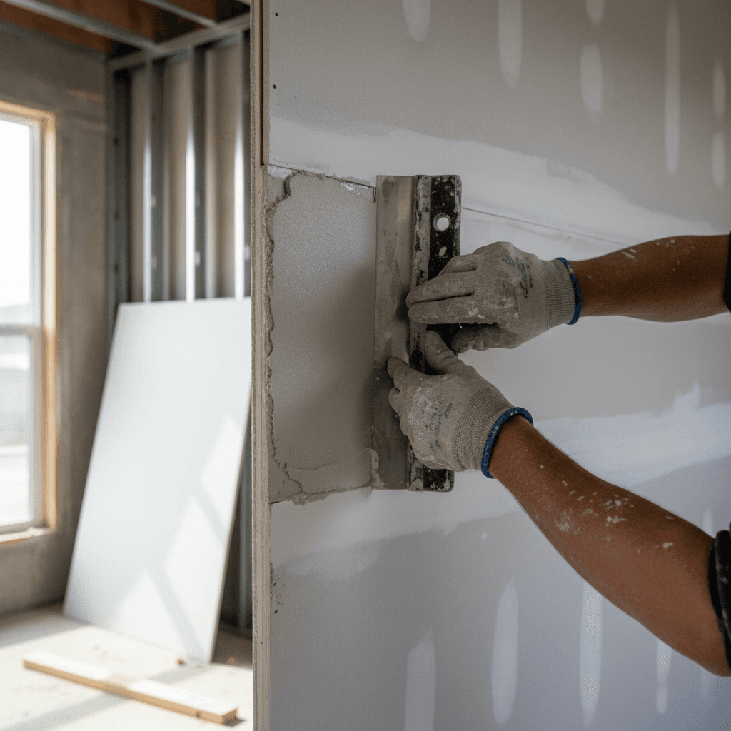 Drywall contractor's hands expertly applying joint compound with putty knife along seam, demonstrating finishing technique in natural light