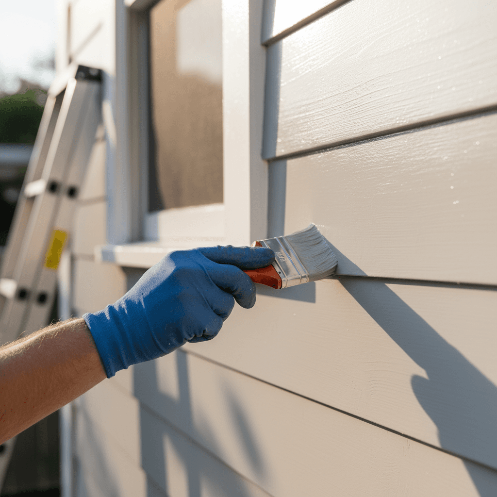 Skilled painter's hands carefully applying fresh paint to residential home exterior with quality brush