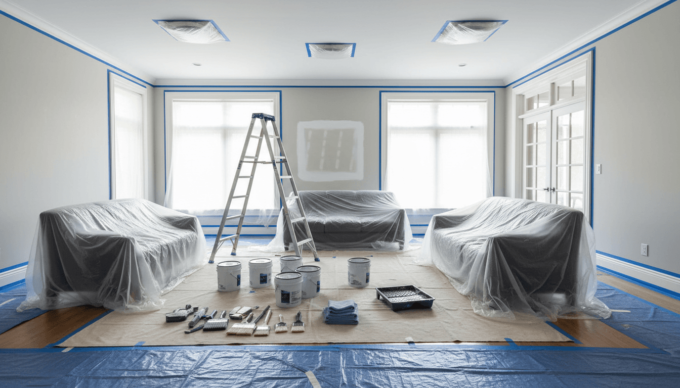 Residential interior room fully prepared for painting with protective sheeting, painter's tape on trim, and professional equipment staged throughout