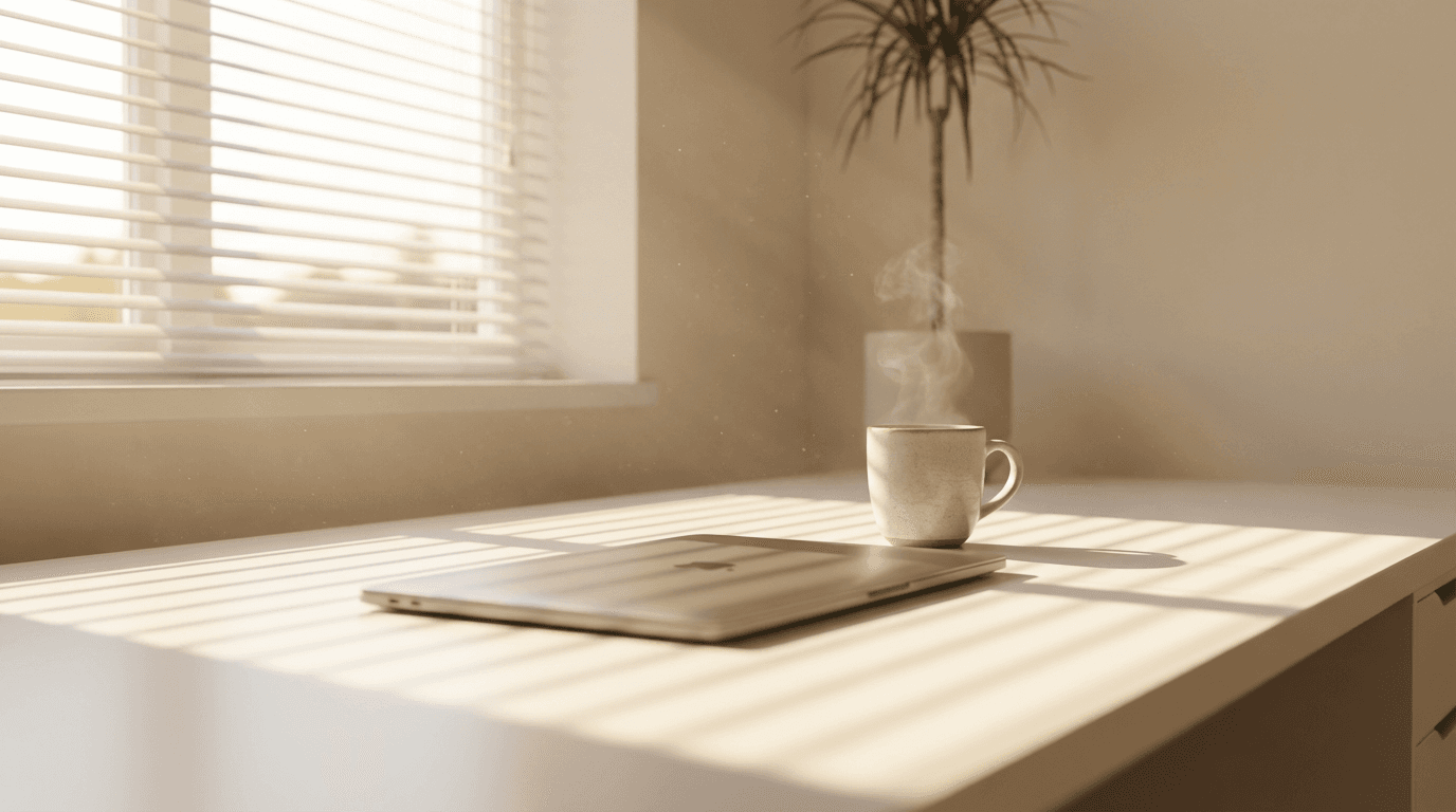 Sunlit desk with laptop, steaming coffee, and blind shadows