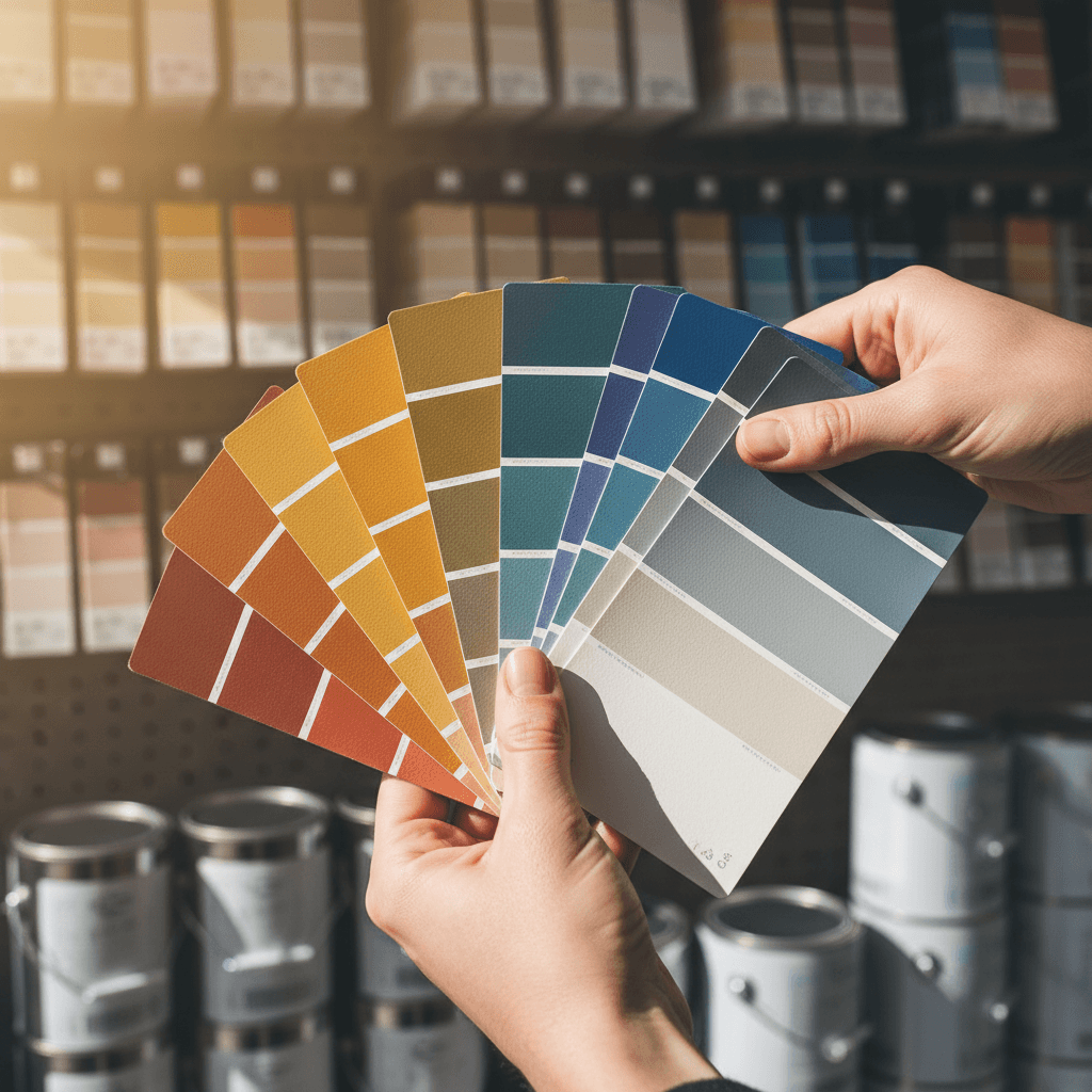 Customer holding fanned paint color swatches in natural light, examining multiple finish options