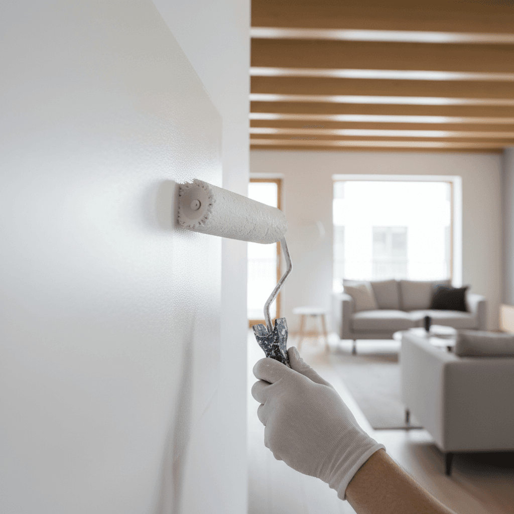 Professional painter applying white paint to interior wall with roller brush, showcasing precise technique and quality finishing