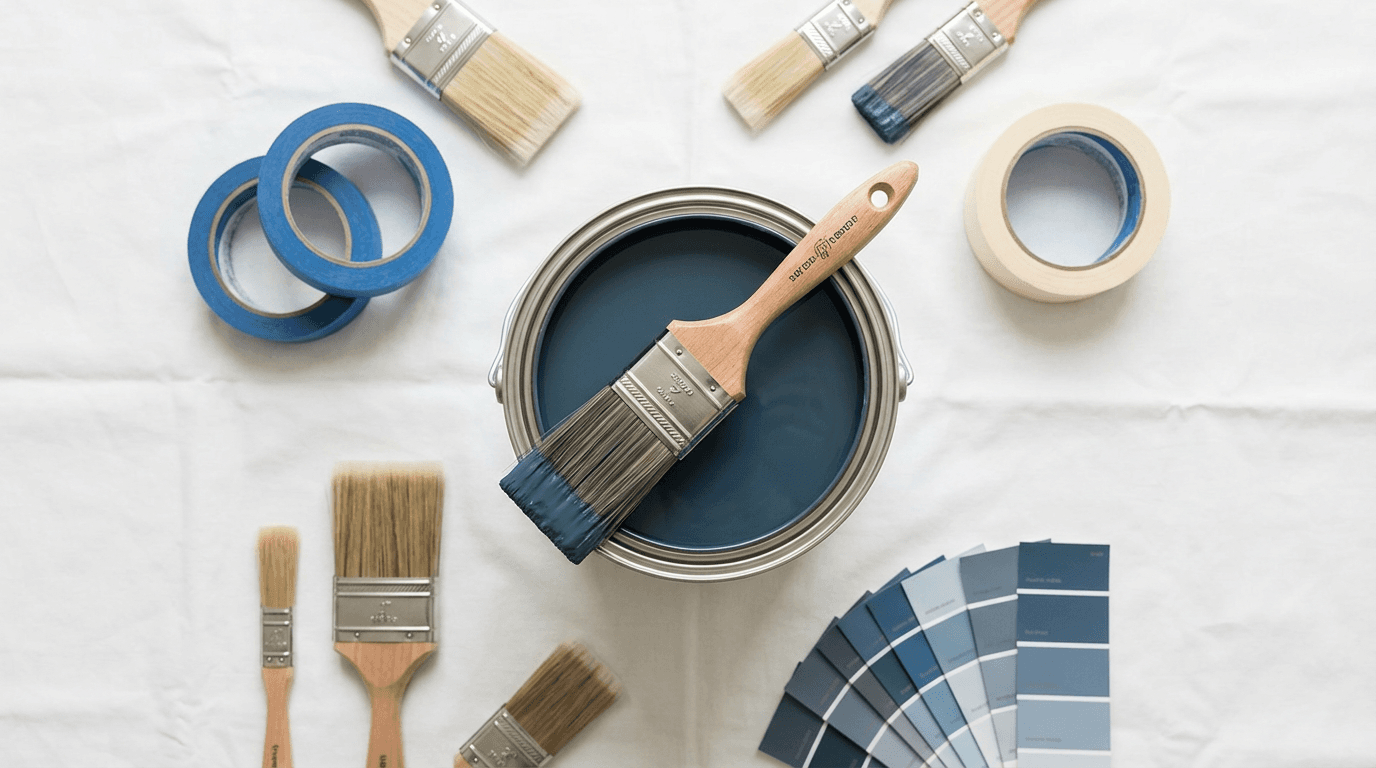 Professional painter's hands carefully applying paint to interior wall with brush, showing precise technique