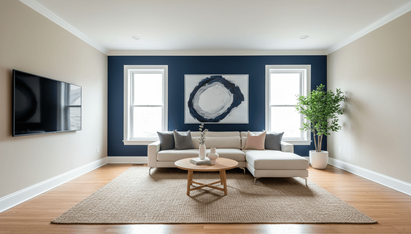 Professionally painted living room with sophisticated accent wall and white trim, natural light showcasing quality finish
